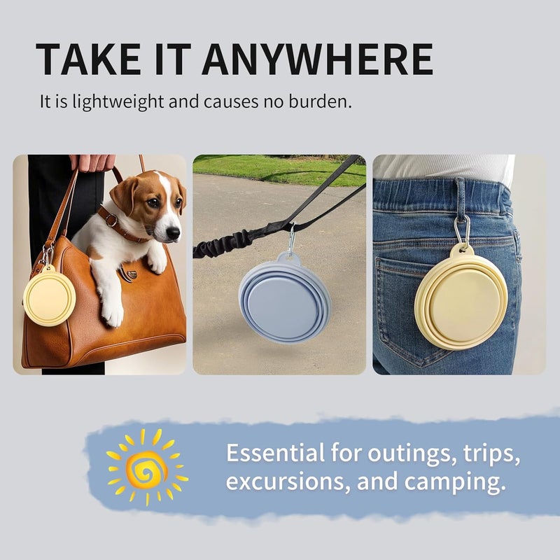 TECOPH Collapsible Dog Bowls 2-Pack, Portable Travel Dog Bowl with Carabiner, Food-Grade Silicone Pet Bowl for Hiking, Walking(Macaron Blue and Yellow) - Image 5
